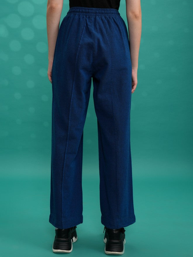 Tokyo Talkies Women Blue Solid Straight Fit Casual Trousers - Blue - Image 3