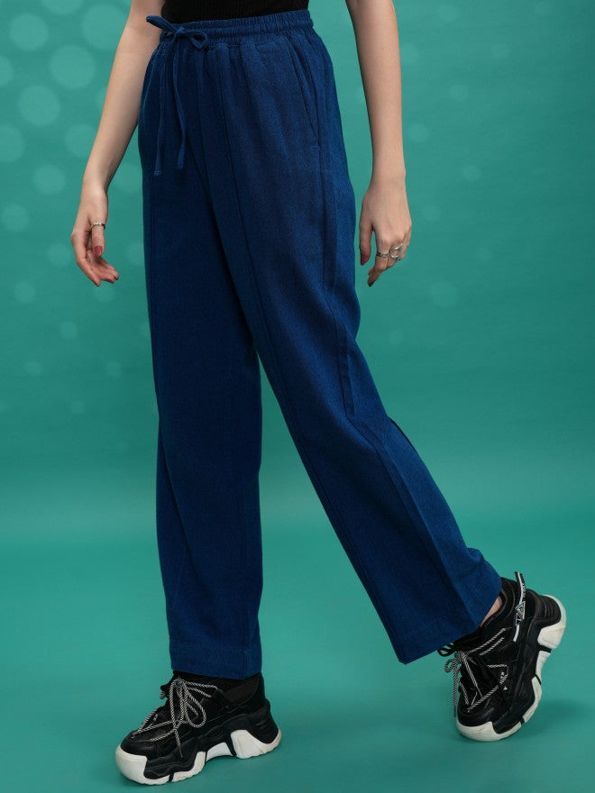 Tokyo Talkies Women Blue Solid Straight Fit Casual Trousers - Blue - Image 4