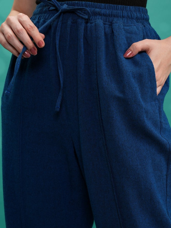 Tokyo Talkies Women Blue Solid Straight Fit Casual Trousers - Blue - Image 5