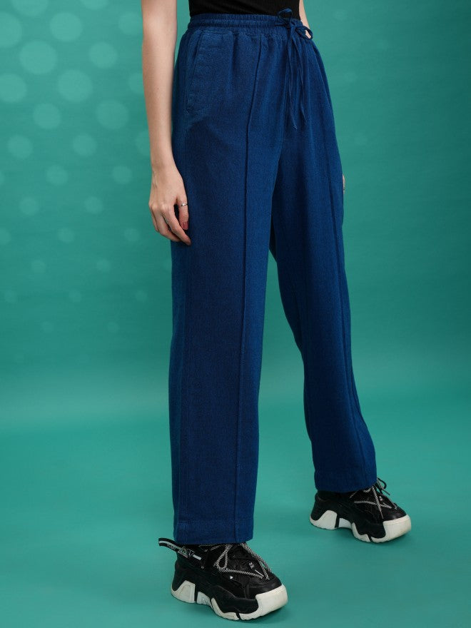 Tokyo Talkies Women Blue Solid Straight Fit Casual Trousers - Blue - Image 6