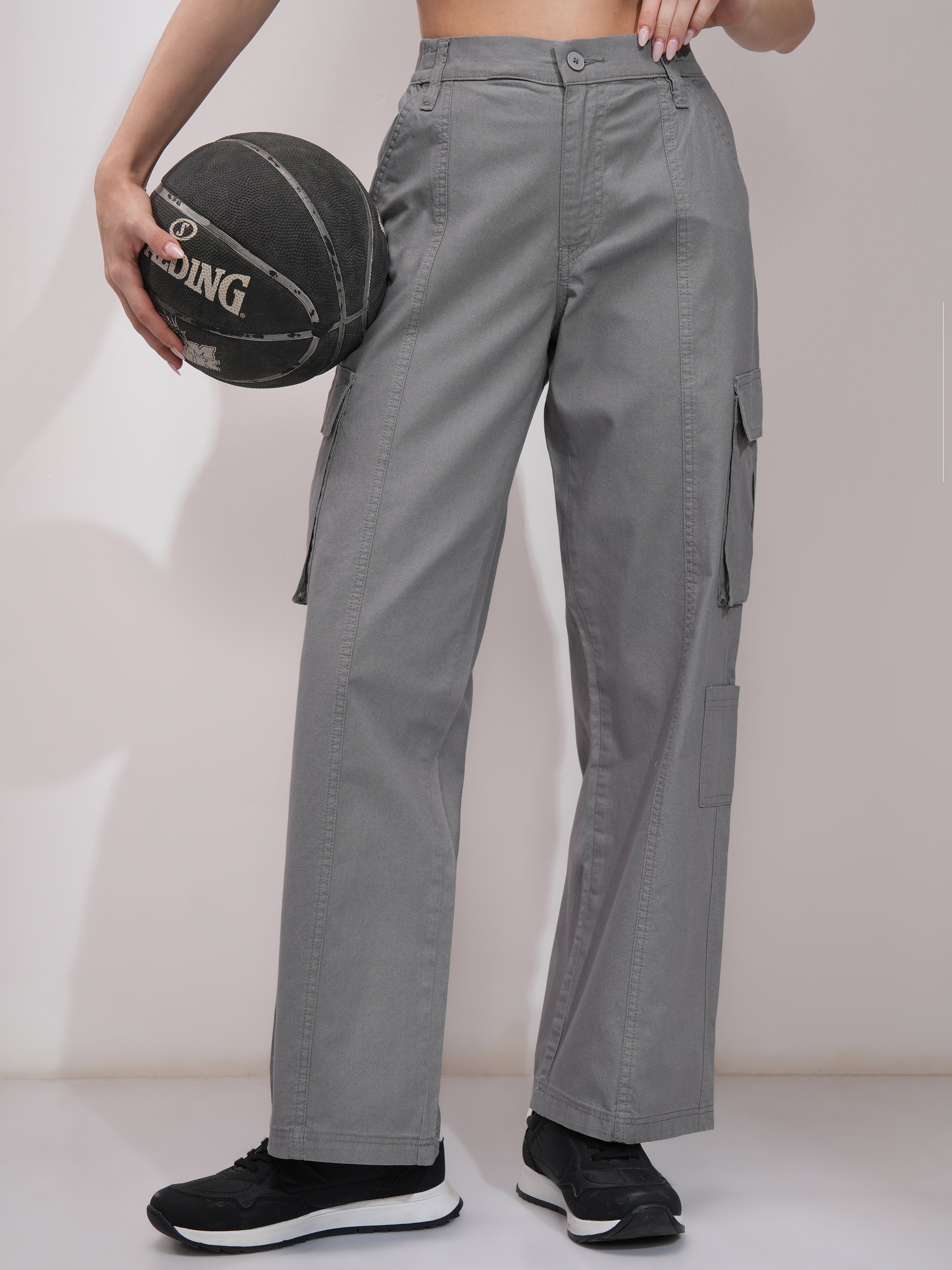 Tokyo Talkies Women Grey Solid Straight Fit Cargos - Grey - Image 1