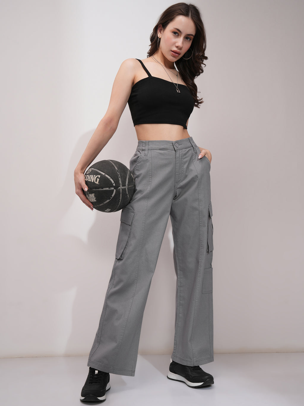 Tokyo Talkies Women Grey Solid Straight Fit Cargos - Grey - Image 2