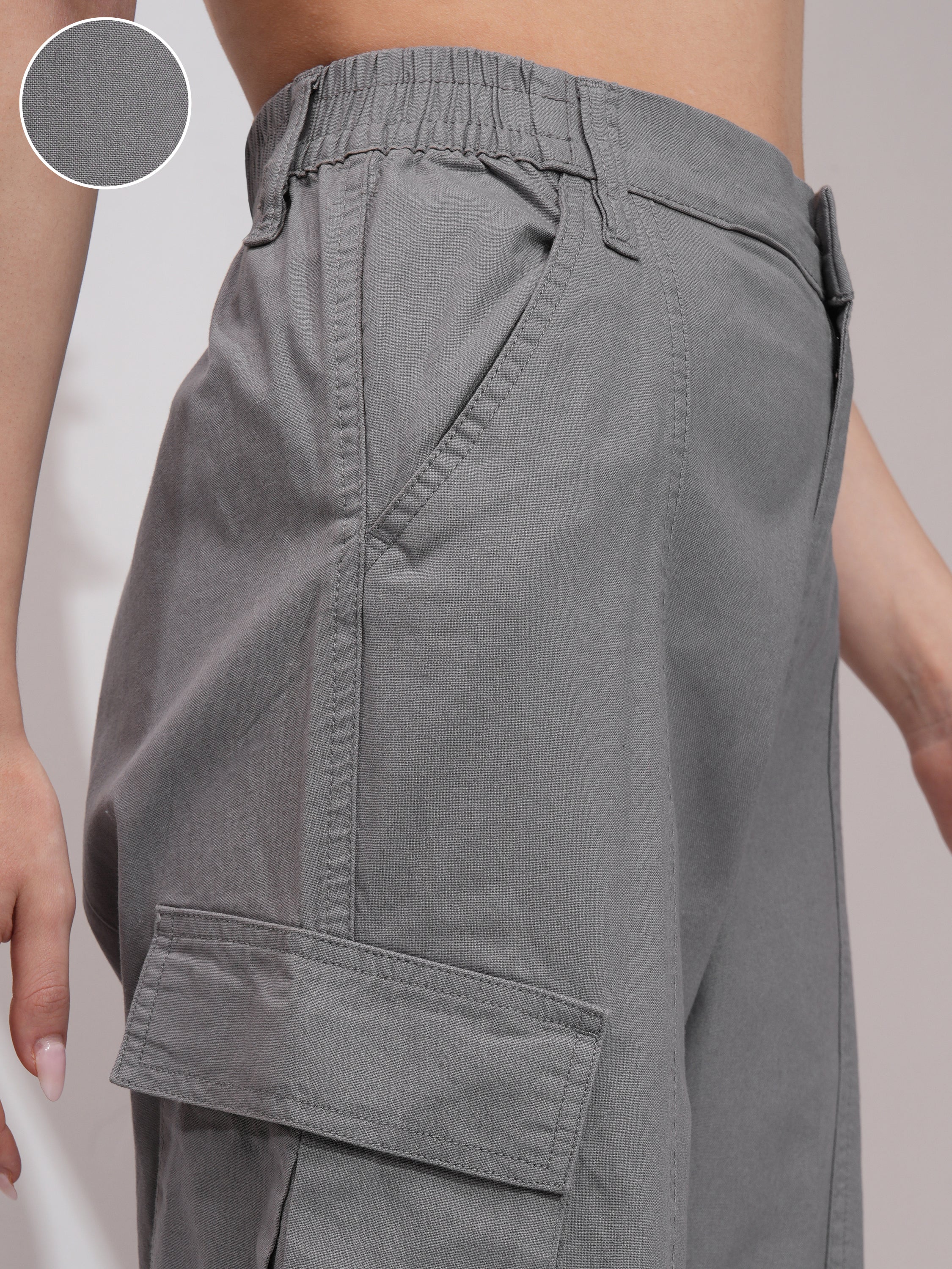 Tokyo Talkies Women Grey Solid Straight Fit Cargos - Grey - Image 5