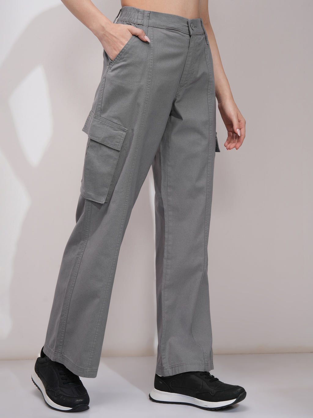 Tokyo Talkies Women Grey Solid Straight Fit Cargos - Grey - Image 6