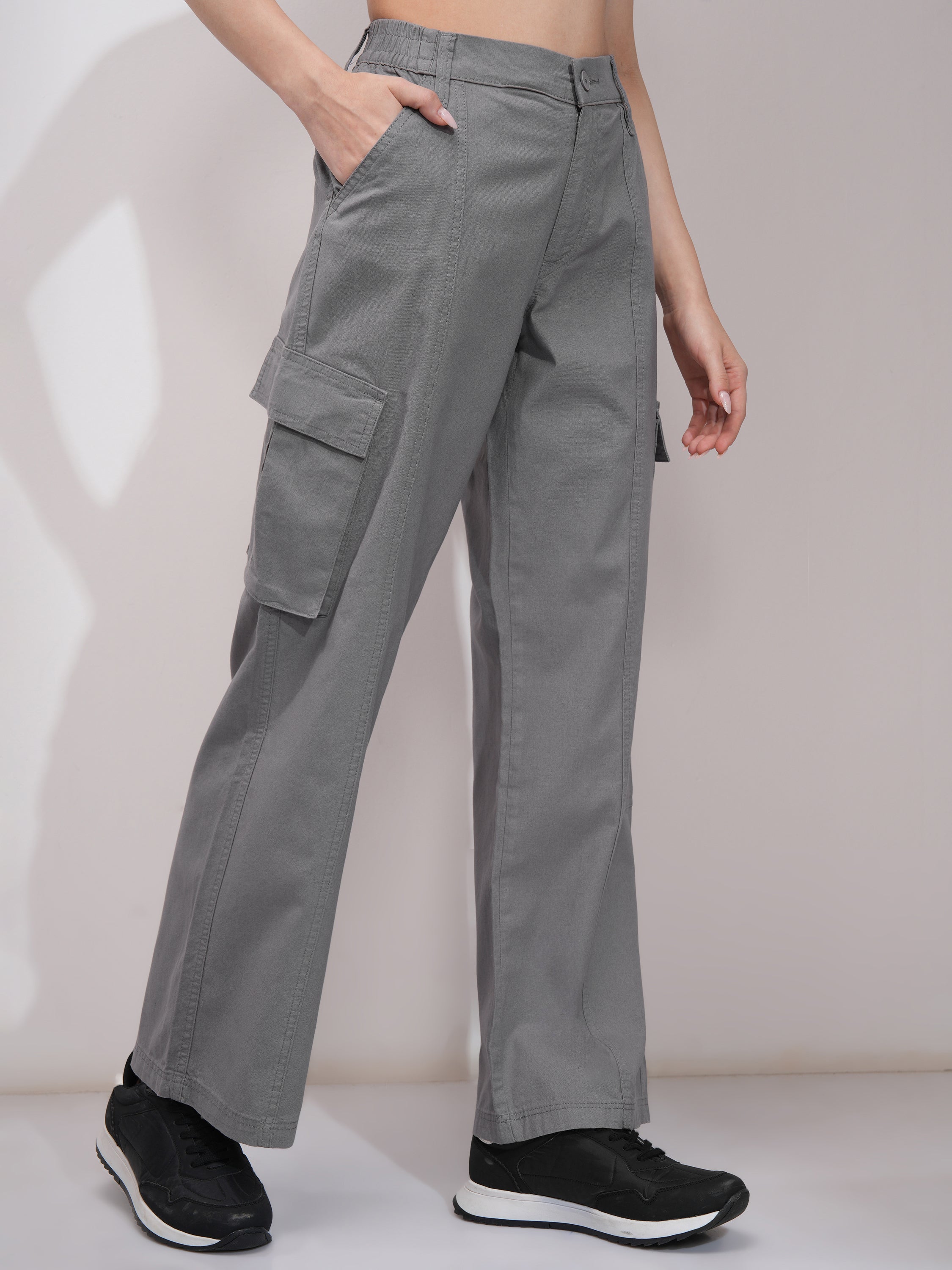 Tokyo Talkies Women Grey Solid Straight Fit Cargos - Grey - Image 6