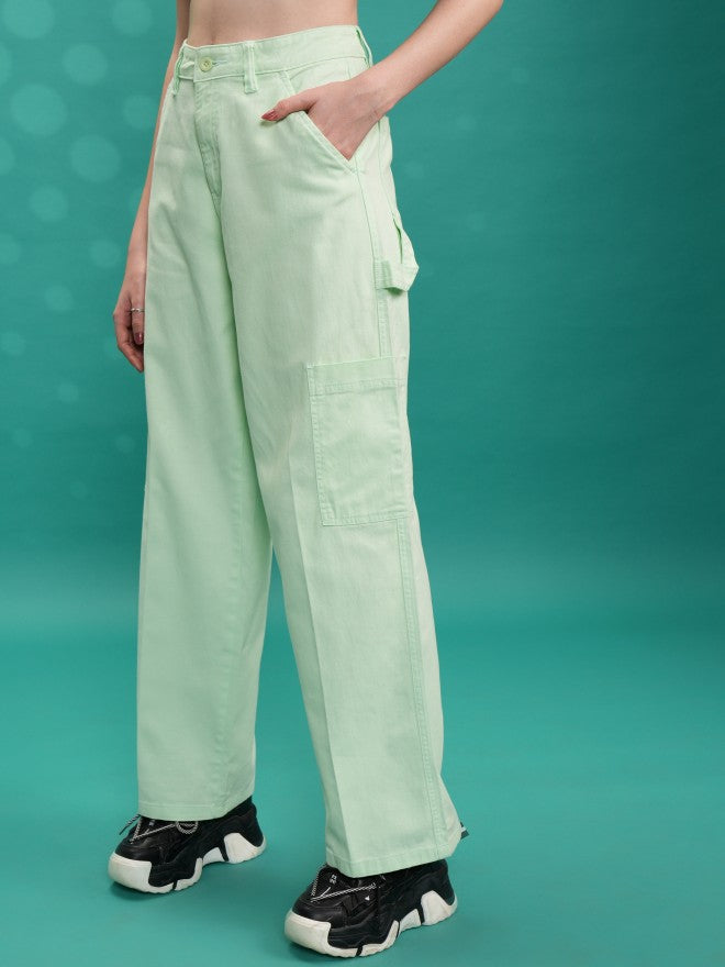 Tokyo Talkies Women Green Solid Flared Cargos - Green - Image 4
