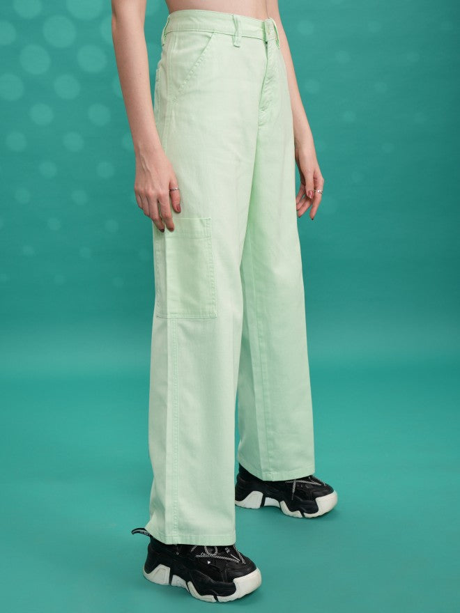 Tokyo Talkies Women Green Solid Flared Cargos - Green - Image 6