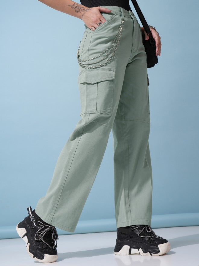 Tokyo Talkies Women Green Solid Regular Fit Cargos - Green - Image 1