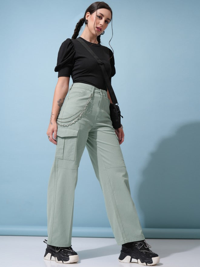 Tokyo Talkies Women Green Solid Regular Fit Cargos - Green - Image 2