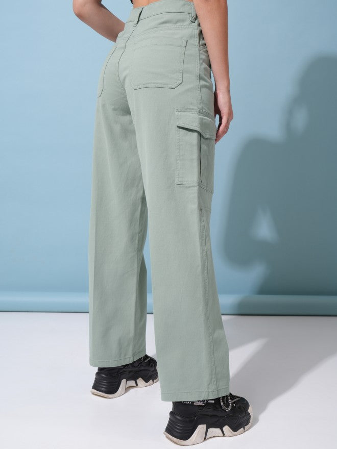 Tokyo Talkies Women Green Solid Regular Fit Cargos - Green - Image 3