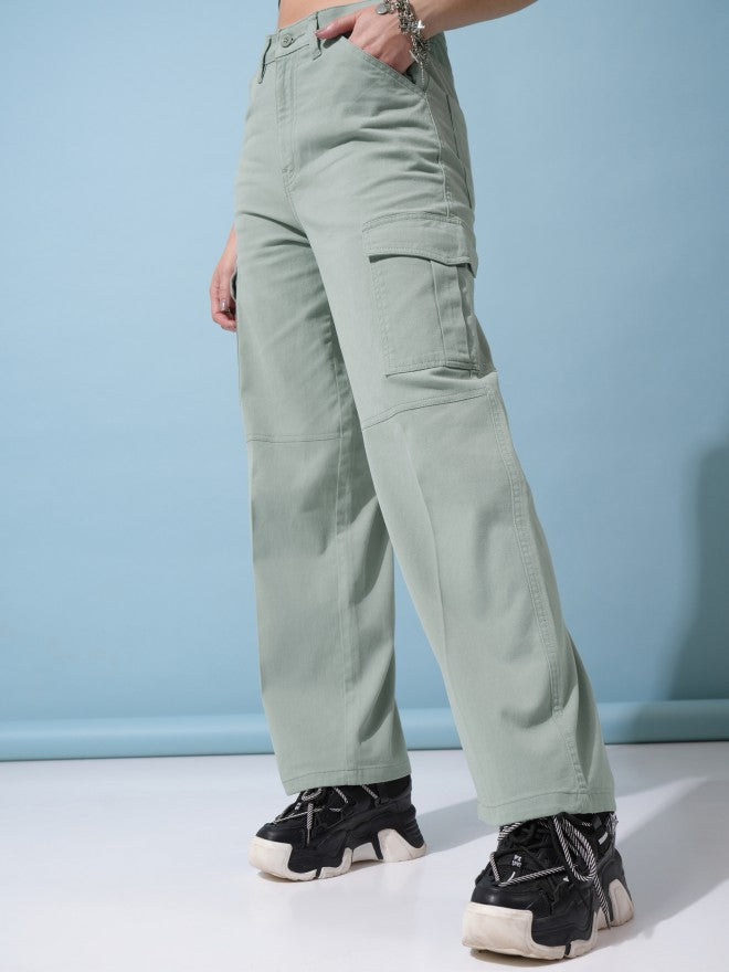 Tokyo Talkies Women Green Solid Regular Fit Cargos - Green - Image 4