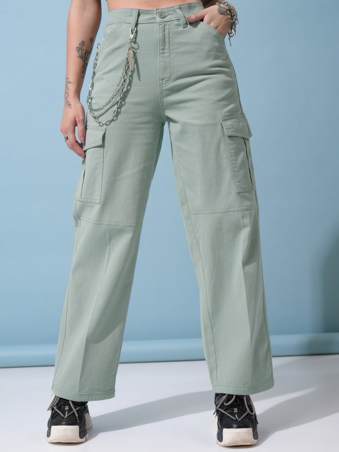 Tokyo Talkies Women Green Solid Regular Fit Cargos - Green - Image 6