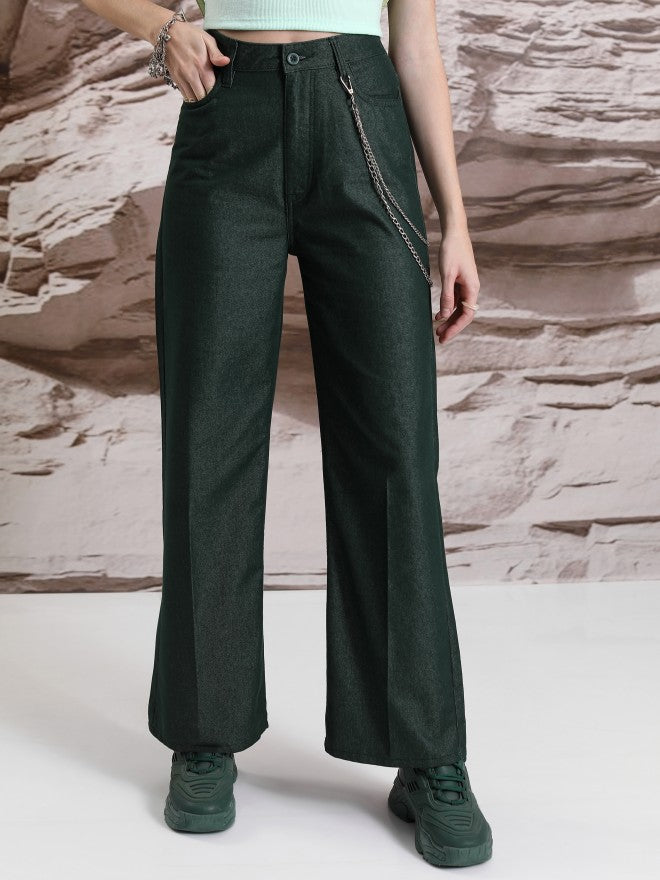 Tokyo Talkies Women Teal Solid Flared Casual Trouser - Teal - Image 1