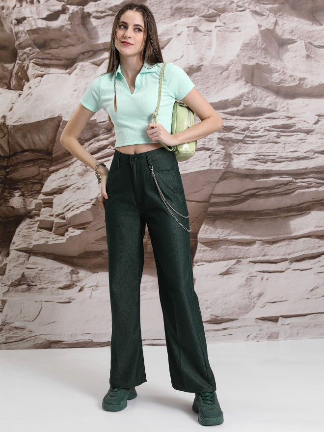 Tokyo Talkies Women Teal Solid Flared Casual Trouser - Teal - Image 2