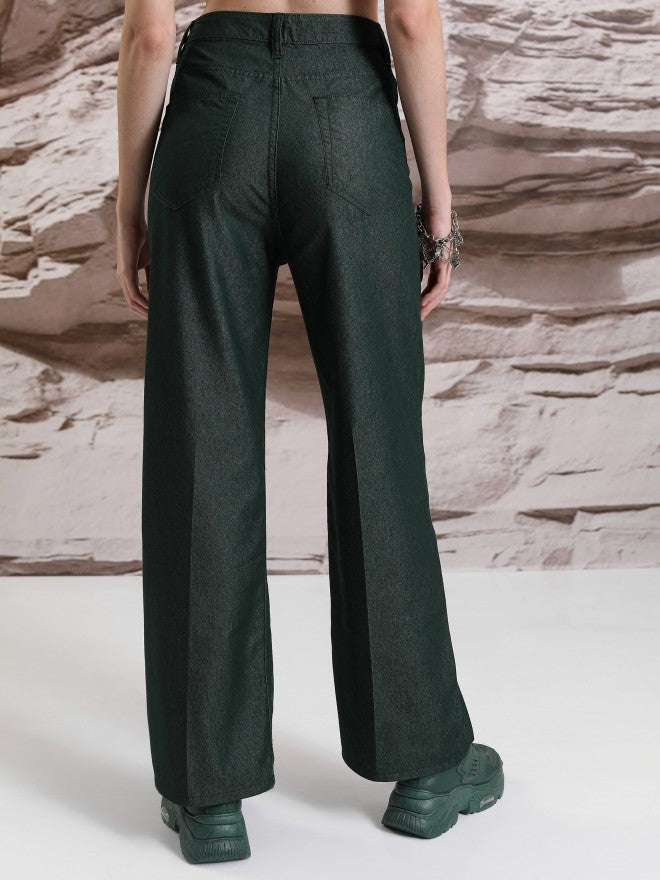 Tokyo Talkies Women Teal Solid Flared Casual Trouser - Teal - Image 3