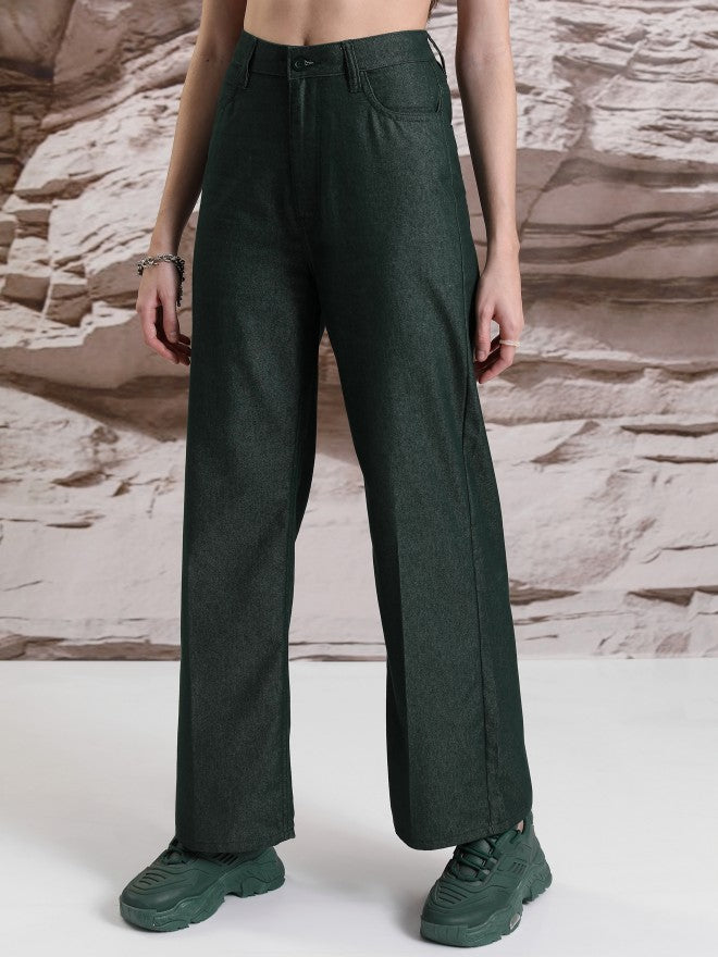 Tokyo Talkies Women Teal Solid Flared Casual Trouser - Teal - Image 4