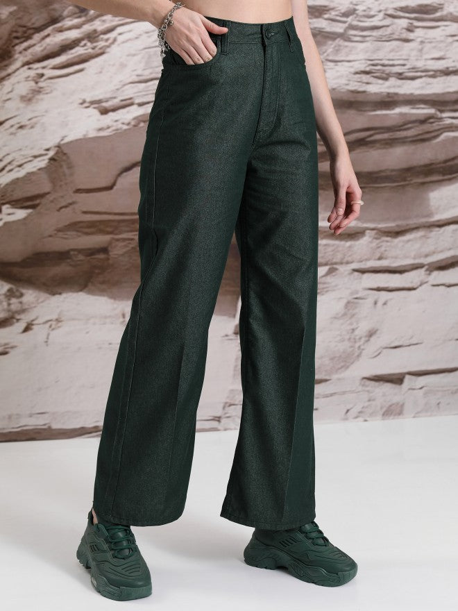 Tokyo Talkies Women Teal Solid Flared Casual Trouser - Teal - Image 6