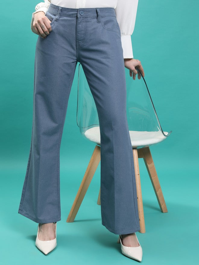 Tokyo Talkies Women Blue Solid Flared Casual Trouser - Blue - Image 1