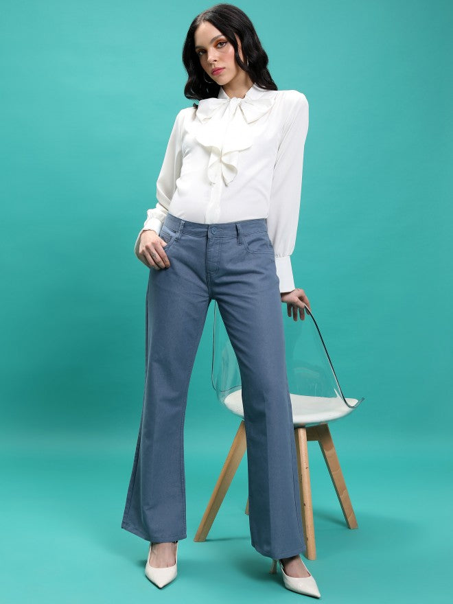 Tokyo Talkies Women Blue Solid Flared Casual Trouser - Blue - Image 2