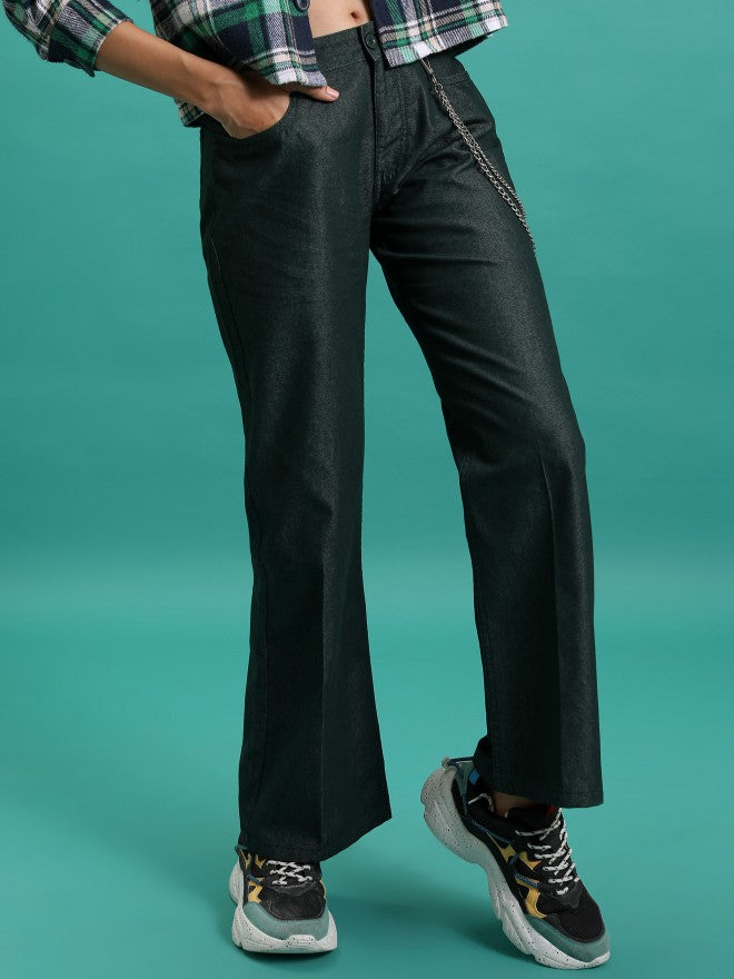 Tokyo Talkies Women Teal Solid Flared Casual Trouser - Teal - Image 1