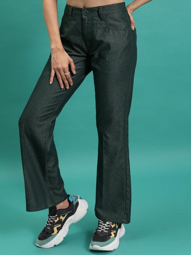 Tokyo Talkies Women Teal Solid Flared Casual Trouser - Teal - Image 4
