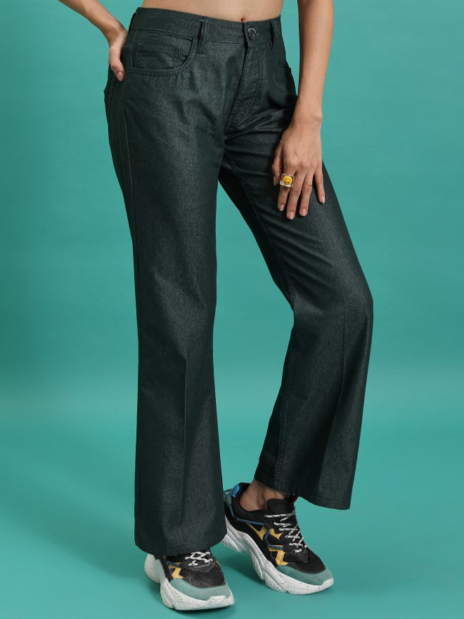 Tokyo Talkies Women Teal Solid Flared Casual Trouser - Teal - Image 6