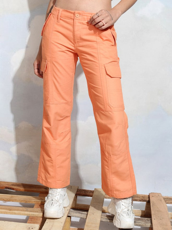 Tokyo Talkies Women Orange Solid Straight Fit Cargos - Orange - Image 1