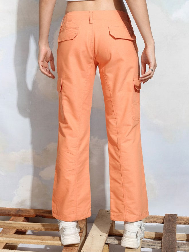 Tokyo Talkies Women Orange Solid Straight Fit Cargos - Orange - Image 3