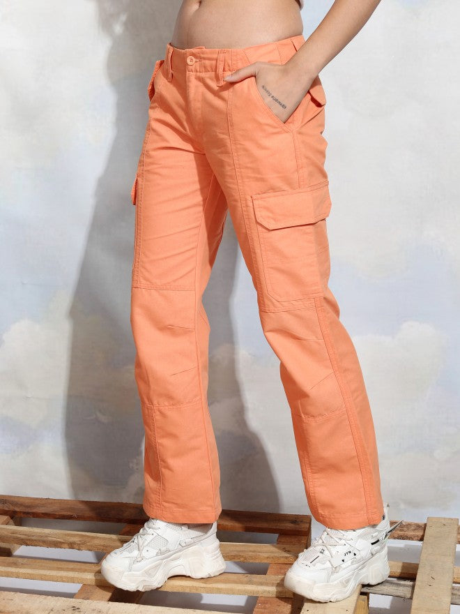 Tokyo Talkies Women Orange Solid Straight Fit Cargos - Orange - Image 4
