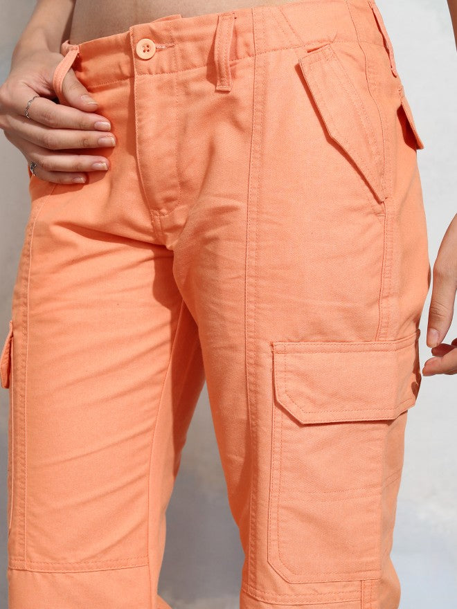 Tokyo Talkies Women Orange Solid Straight Fit Cargos - Orange - Image 5