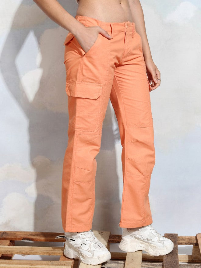 Tokyo Talkies Women Orange Solid Straight Fit Cargos - Orange - Image 6