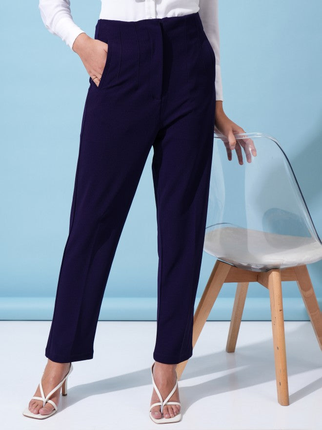 Tokyo Talkies Women Navy Blue Solid Straight Fit Casual Trouser - Navy Blue - Image 1