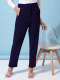 Tokyo Talkies Women Navy Blue Solid Straight Fit Casual Trouser - Navy Blue - Image 1