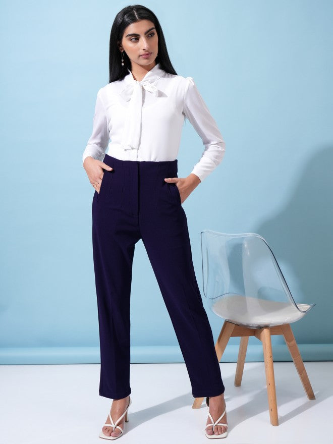 Tokyo Talkies Women Navy Blue Solid Straight Fit Casual Trouser - Navy Blue - Image 2