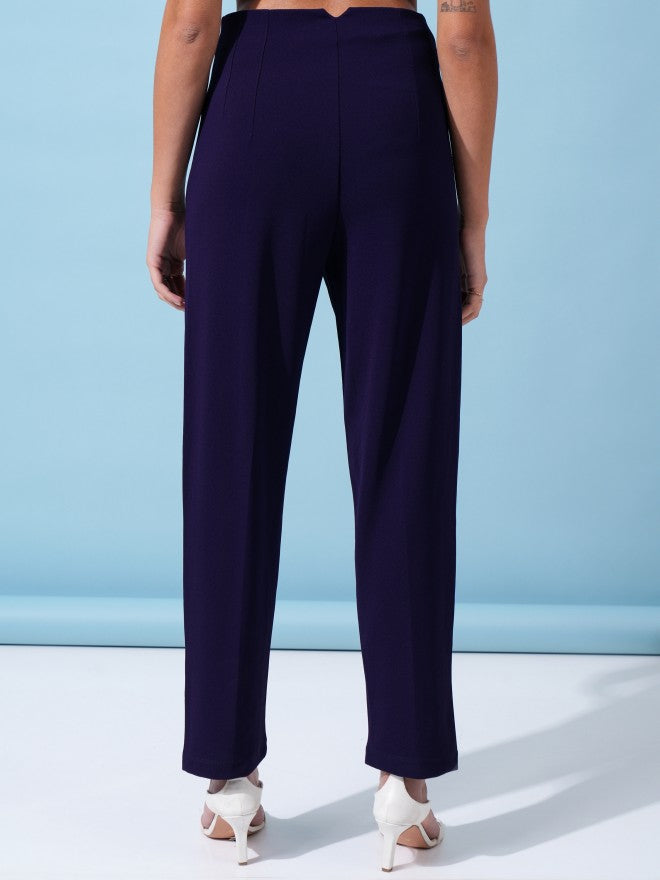 Tokyo Talkies Women Navy Blue Solid Straight Fit Casual Trouser - Navy Blue - Image 3