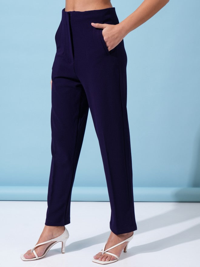 Tokyo Talkies Women Navy Blue Solid Straight Fit Casual Trouser - Navy Blue - Image 4
