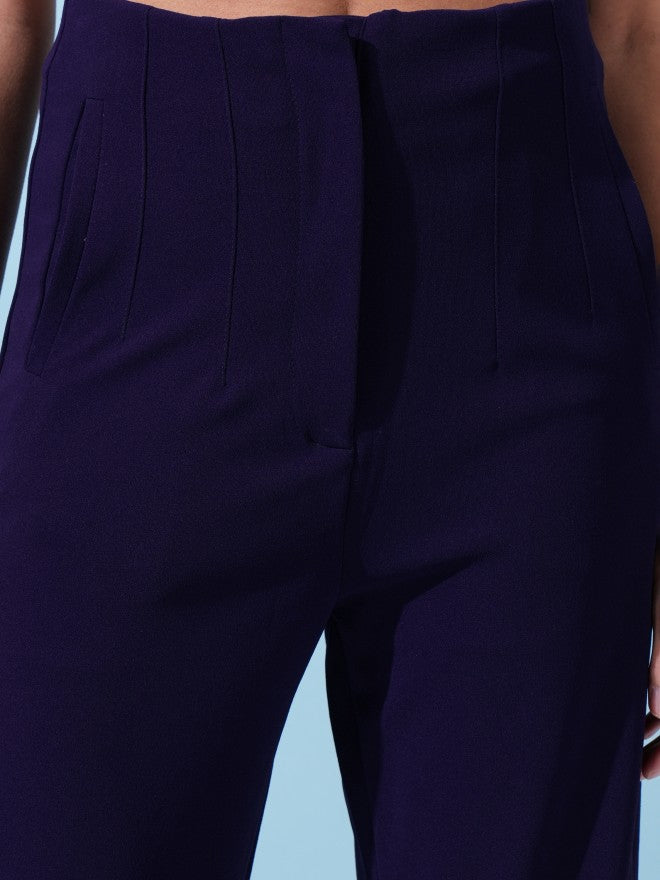 Tokyo Talkies Women Navy Blue Solid Straight Fit Casual Trouser - Navy Blue - Image 5