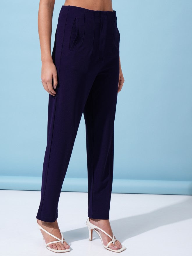 Tokyo Talkies Women Navy Blue Solid Straight Fit Casual Trouser - Navy Blue - Image 6