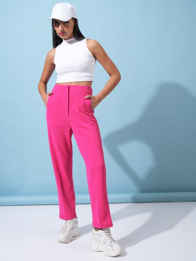 Tokyo Talkies Women Pink Solid Straight Fit Casual Trouser - Pink - Image 2