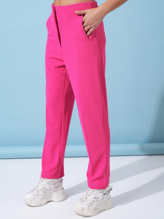 Tokyo Talkies Women Pink Solid Straight Fit Casual Trouser - Pink - Image 4