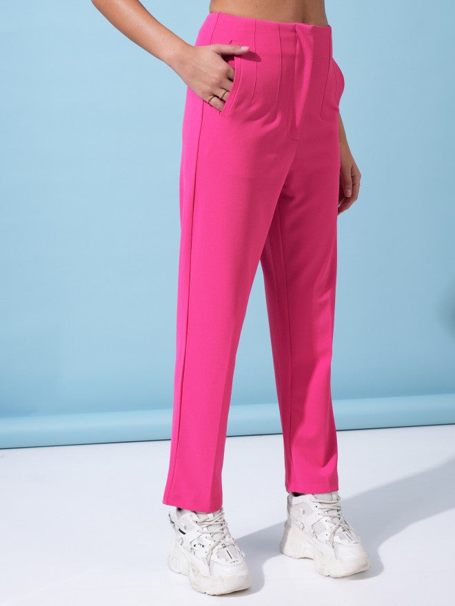 Tokyo Talkies Women Pink Solid Straight Fit Casual Trouser - Pink - Image 6