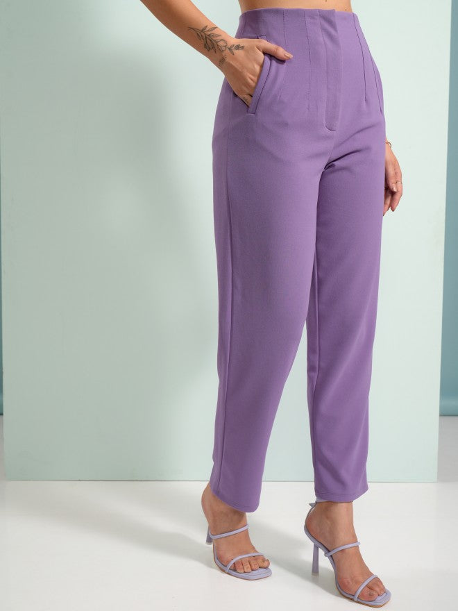 Tokyo Talkies Women Purple Solid Regular Fit Casual Trouser - Purple - Image 6