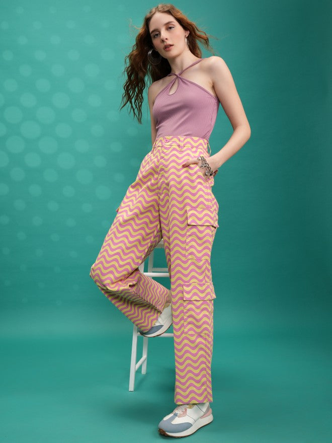 Tokyo Talkies Women Yellow Printed Straight Fit Cargos - Yellow - Image 2