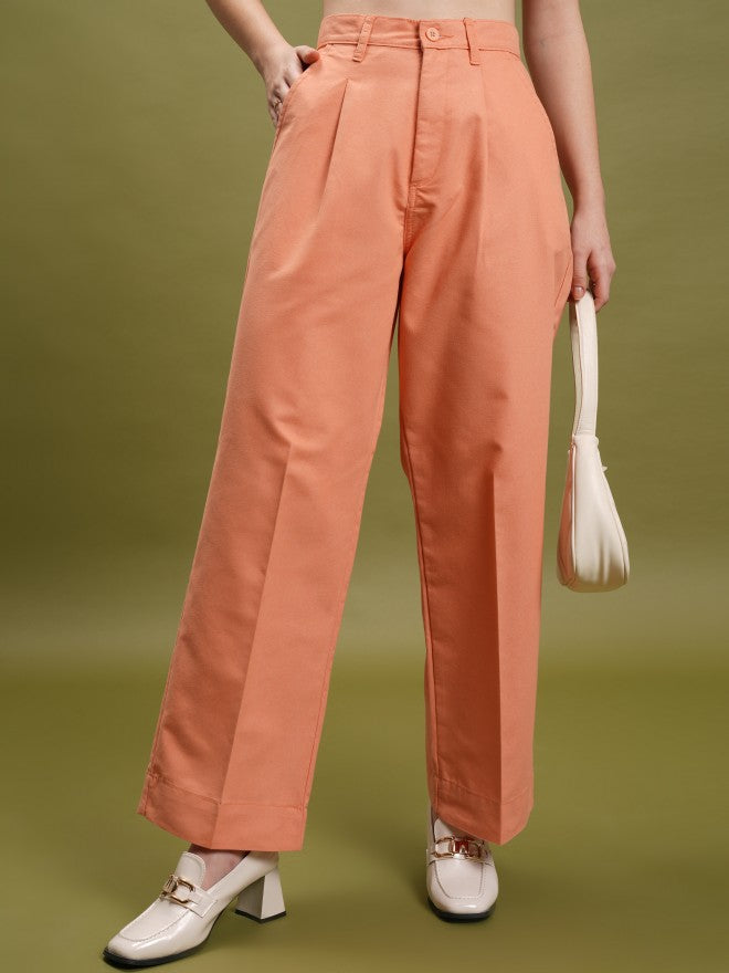 Tokyo Talkies Women Orange Solid Straight Fit Casual Trouser - Orange - Image 1