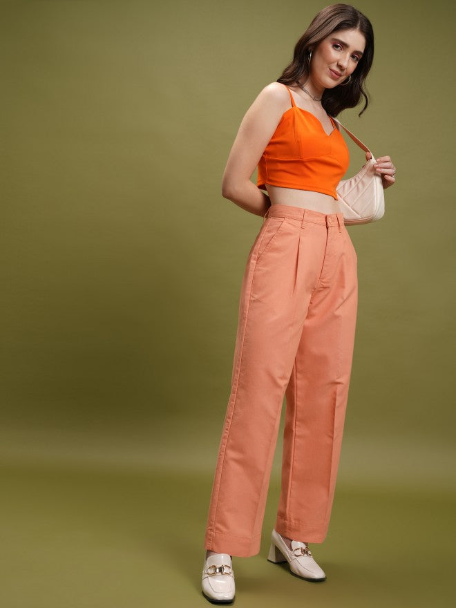 Tokyo Talkies Women Orange Solid Straight Fit Casual Trouser - Orange - Image 2