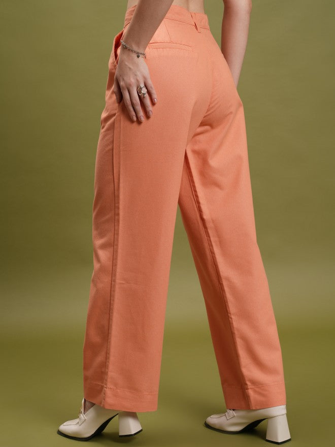 Tokyo Talkies Women Orange Solid Straight Fit Casual Trouser - Orange - Image 3