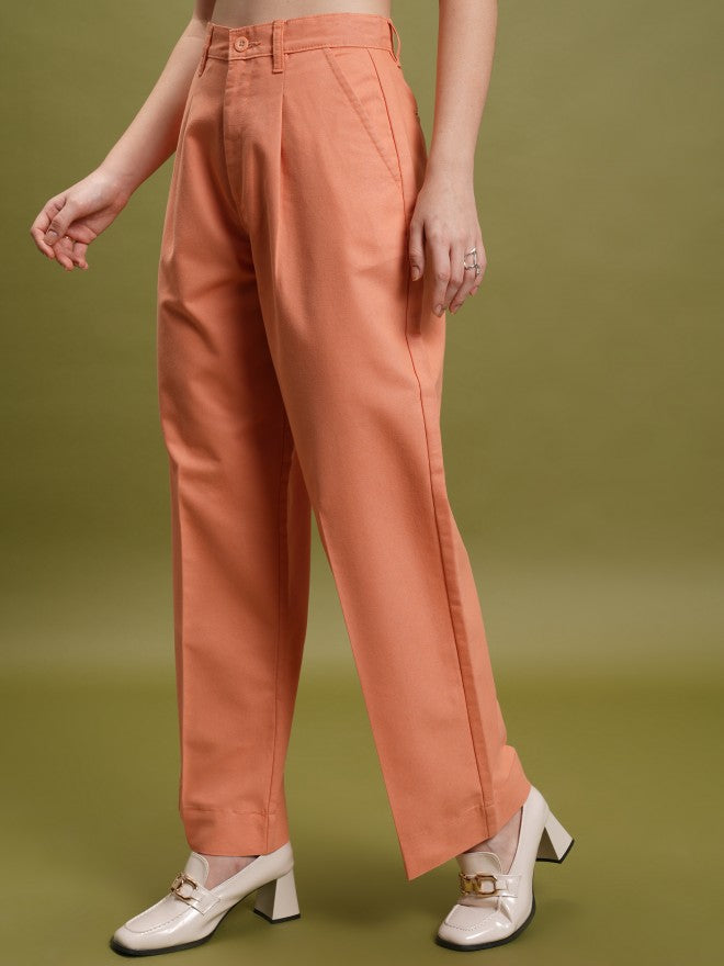 Tokyo Talkies Women Orange Solid Straight Fit Casual Trouser - Orange - Image 4