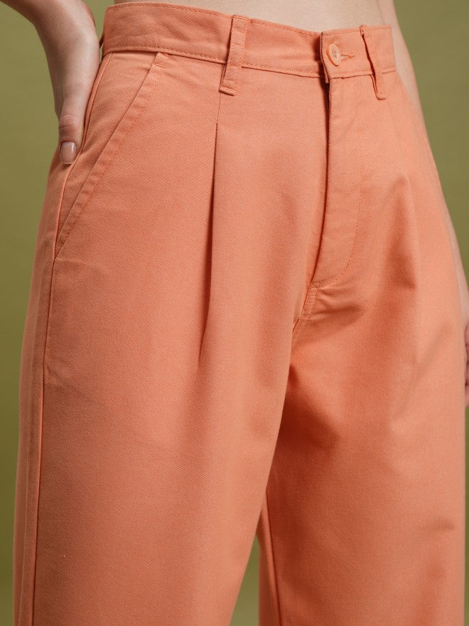 Tokyo Talkies Women Orange Solid Straight Fit Casual Trouser - Orange - Image 5