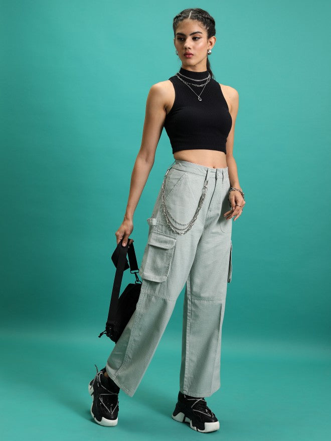 Tokyo Talkies Women Pale Aqua Solid Flared Casual Trouser - Blue - Image 2