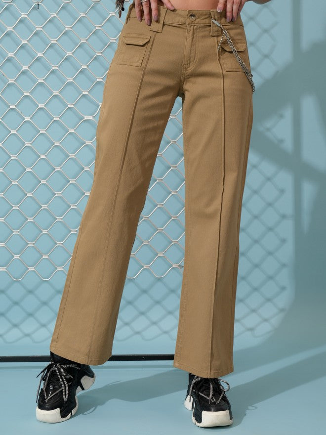 Tokyo Talkies Women Beige Solid Regular Fit Cargos - Beige - Image 1